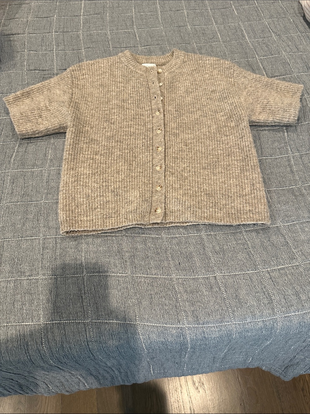 Light Taupe Short-Sleeve Knit Cardigan Sweater by Topshop